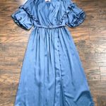 Kate Spade  • Belted Satin Midi Dress ruffle trim short sleeve Antique Blue Photo 2