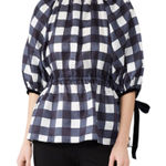 Mother of Pearl Navy White Plaid Velvet Tie Puff Sleeve Silk Blend Blouse Size 6 Blue Photo 0