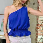 ee:some Royal Blue One Shoulder Ruffle Top Photo 0
