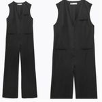 ZARA NWT  WOMEN'S LONG V-NECK JUMPSUIT SLEEVELESS BLACK Pinstripe Photo 2