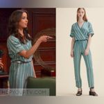 Maje  Pandora Woven Stripe Twill Jacquard Jumpsuit Sz 34 / XS / 2 Aqua teal ASO Photo 2