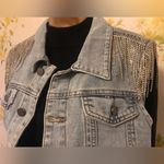 Rhinestone Fringe Denim Jacket Sleeveless Collared washed blue size S Photo 3