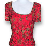 Vintage Papell Boutique Blouse Red Black Silk Embellished Metallic Floral Design Photo 0