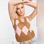 Stradivarius New without tags  check knitted vest in pink and brown Photo 0