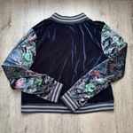 POL  Navy Velvet Bomber Jacket Floral Sleeves Varsity Style Photo 1