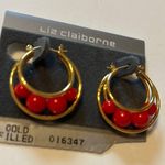 Liz Claiborne  Gold Red Enamel Hoop Earrings Photo 1