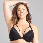 Cacique Shimmer Black Lace Strappy Front-Close Boost Plunge Bra Sz 44DD Photo 0