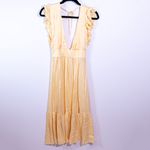 Stillwater The Jessie Midi Yellow Satin Ruffle Sleeve Deep VNeck High Slit Dress Photo 0