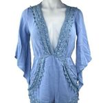 Kiss the Sky Blue Plunge V-Neck 3/4 Bell Sleeve Lace Crochet Jumpsuit Romper M Photo 0