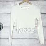 White Ribbed Long Sleeve Crop Top with Rhinestone Heart Detailing Size Medium Photo 9