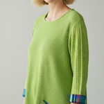 Margaret Winters Lime Green Textured Knit Top w/ Plaid Accents Size Medium Photo 0