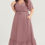 Bloomchic Solid Striped Notched Ties Up Pocket Flutter Maxi Dress Pink 18 Photo 2