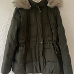 Ralph Lauren  Army Green Faux-Trim Hooded Puffer Coat, Pull Waist, Fur Hood;  L Photo 0