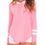 Hot Miami Styles love this product Neon Pink & White Split-Hem Varsity Stripe Hoodie - Women Photo 0