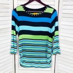 Ruby Rd. Beaded Neckline Striped Shirt Teal Lime Black Small Blue Photo 6
