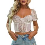 Floral Lace Puff Sleeve Sweetheart Neck Bustier Corset Crop Top White Size L Photo 1