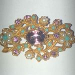 Vintage Gold Tone Teal Purple CZ Rhinestones Faux Pearl Brooch Shoulder Pin Photo 0