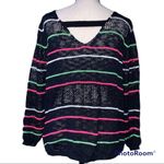 Poof! POOF medium black knit crochet sweater with neon pink and green stripes Photo 9