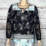 Lee Size 1X Floral Print - Black Lace Long Sleeve Keyhole Peasant Blouse Top Photo 0
