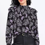 Loft Black Paisley Print Long Sleeve Smocked Neck Ruffle Sleeve Blouse XL Photo 0