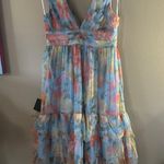 Lulus  Perfectly Divine Blue Floral Tulle Tiered Ruffled Midi Dress Size L NWT Photo 10