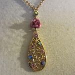 Gold Floral Teardrop Pendant Necklace Pink Rose Rhinestone Cottagecore Photo 1