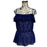 One Clothing  Los Angeles Navy Blue Crane Print Sheer Peplum Blouse Women’s L Photo 1