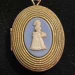 Vintage Cameo blue white ivory purfume Locket pendant 2"×1" gold tone Photo 0