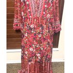 JODIFL Red Floral Maxi Dress Lace up V-Neck sz L boho hippie Long side slits Photo 0