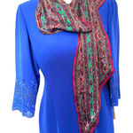 Anne Klein Long Rectangle Scarf 70" x 11" Royal Tones Floral Burgundy Signed Photo 0