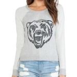 Free People Two Tone Gray Roaring Bear Graphic Sweater Women size Small Petite Photo 0