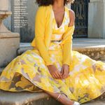 Boston Proper Yellow Floral Midi Dress Size 12 Metallic Jacquard Tiered V-Neck Photo 9