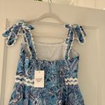 Stellah Blue White Floral Scallop Trim Mink Dress Bow Tie shoulder Small NWT Photo 4