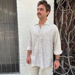 Free People Vintage club room beige striped button up preppy retro shirt sz L Photo 2