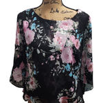 Alex Evenings Womens Blouse Size L Black Floral Bell Sleeve Sheer Top Photo 0