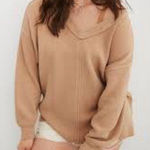 Aerie  Big Hug V-Neck Waffle Sweatshirt in a brown/camel/tan  Oversized Small Photo 0