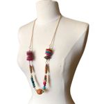 Vintage Boho 80s Retro Style Eclectic Irregularly Wood Beads Gold Chain Necklace Purple Photo 2