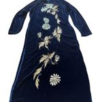 Vintage Cheongsam Long Dress Sz S Blue Velvet Asian Mandarin White Daisy Sparkle Photo 0