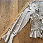 Bloomingdales Vintage Satin Ruffle Peplum Blouse SZ L Poet Sleeve Tan V Neck Button Up Romanti Photo 7