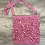 Hand Crafted Pink Crocheted Crossbody Bag with Full Zipper White Bead Accent Photo 0