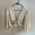 REDBERRY Crop Top‎ Blouse Tie Front Size Large Floral Puffy Sleeves NWT Tan Photo 5