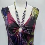 Peacock Feather Sleeveless Shift Dress with Embellished Neckline Size Medium Photo 9