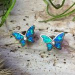Sterling Silver Butterfly Blue Opal CZ  Earrings Photo 0