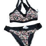 Volcom  Floral Bikini Swimsuit Black Coral Blue Pink Halter Top Bottoms Large Photo 0