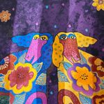Laurel Burch Silk Scarf Purple Multi Floral Sheep Art Rectangle 11X53 Photo 3