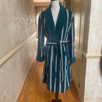 Unisex Striped 100% Cotton Bathrobe Green Beige belted Size Large Photo 3