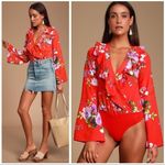 Lulus LULU’S Hearts Abloom Red Floral Print Ruffled Long Sleeve Bodysuit Photo 2