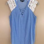 EXPRESS  Blue Striped Crochet Lace Cap Sleeve Lace Up V-Neck Top Small Photo 0