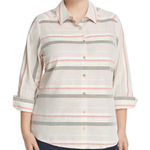 Foxcroft  NYC Women's Size 14W Beige Striped Linen Cotton Button Down Shirt Photo 0