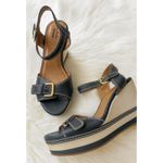 Clarks sz 8 Women Navy Stitched Strappy Buckle Wedges Heels Nautical Preppy Chic Photo 0